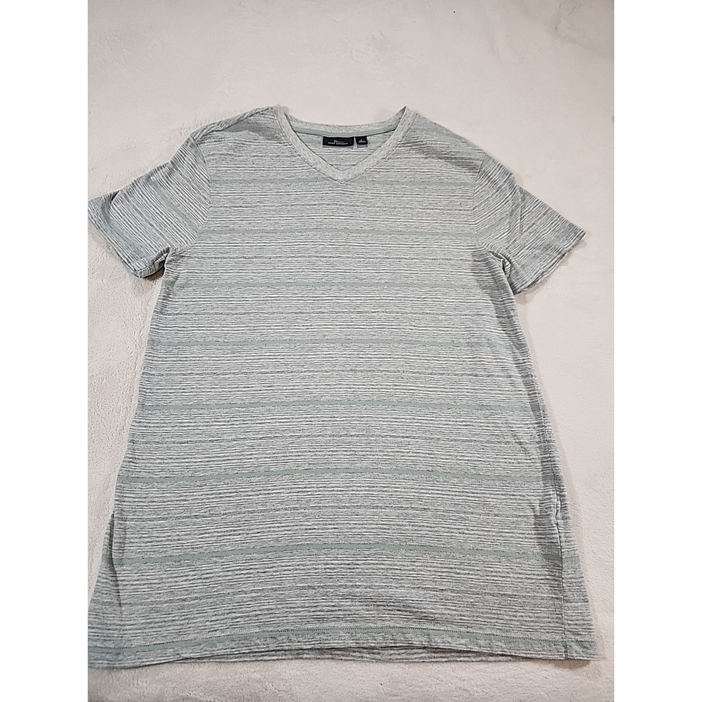 Marc Anthony V Neck Shirt Gray w/Green Stripe‎ Size Large
